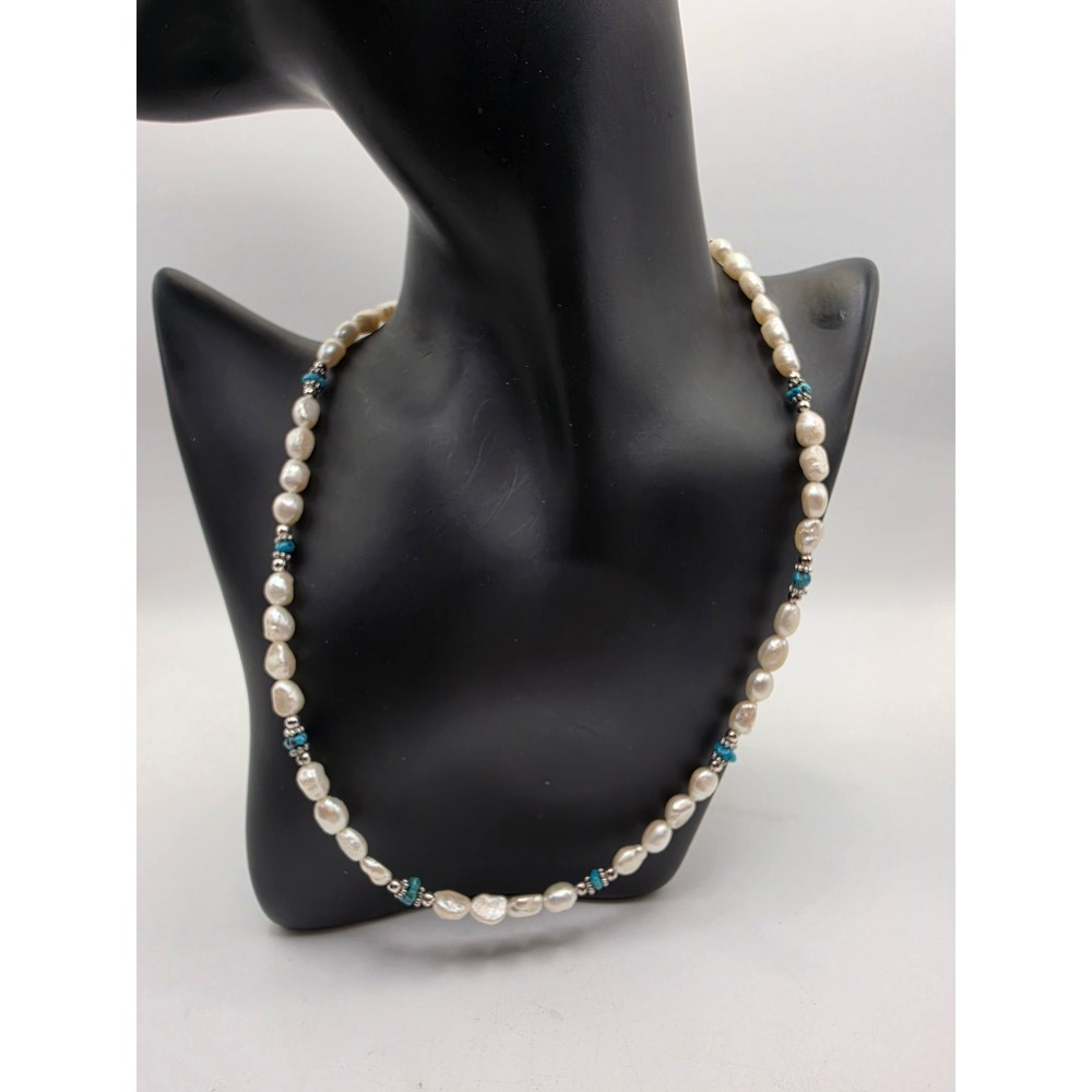 Freshwater Baroque Pearl Necklace Turquoise Accents Silver Tone 18 Inch Beaded - Picture 1 of 4